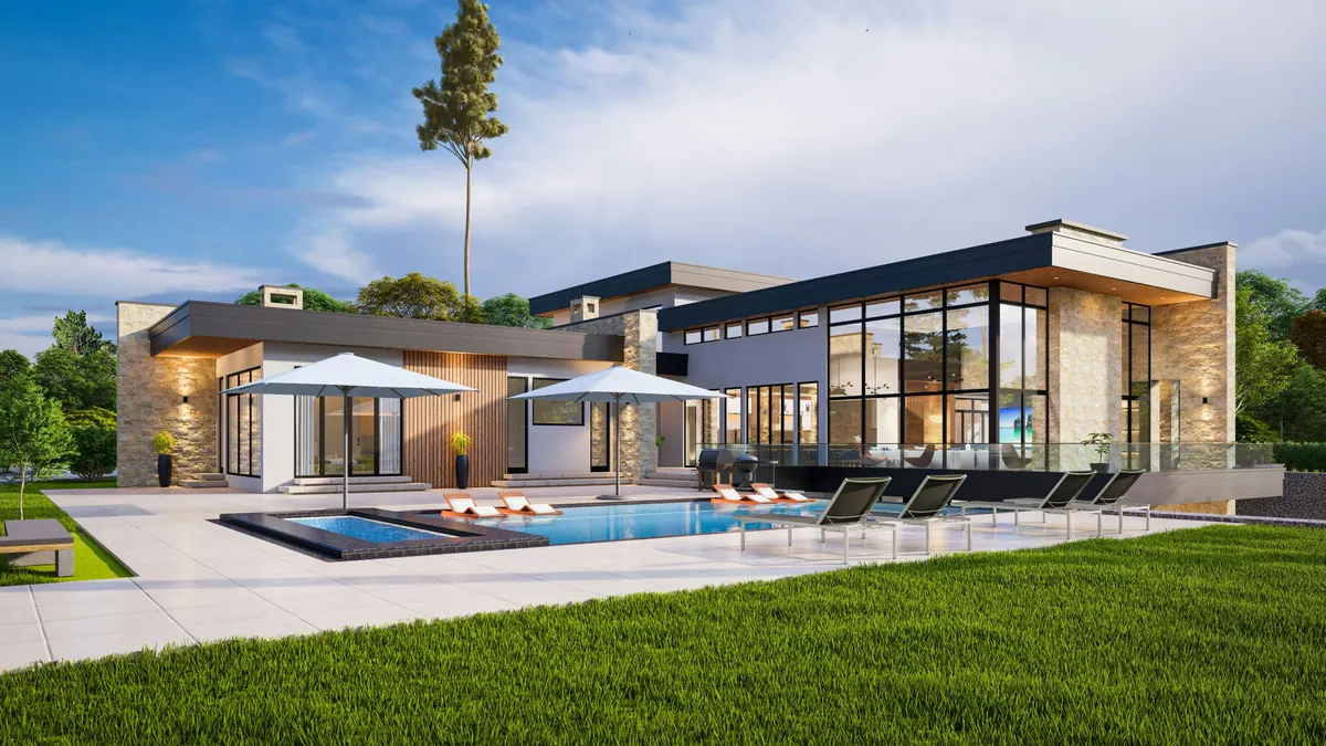 Vivienda moderna de una planta con piedra, madera, grandes cristaleras y piscina